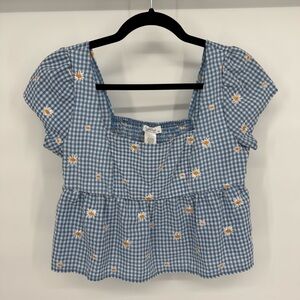 KIRIOUS LA Gingham Daisy Embroidered Smocked Peplum Cottagecore Top S Feminine